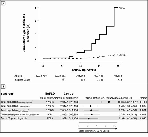 Adolescent NAFLD and the risk of incident type 2 diabetes in young adulthood. (A) Life tables of the cumulative incidence of type 2 diabetes of the study cohort during the follow-up period. (B) Hazard ratios for incident type 2 diabetes in individuals with NAFLD compared with the control group. The horizontal axis is presented in the logarithmic scale. *The minimally adjusted model includes sex, birth year, and age at enrollment. †Additionally adjusted for BMI (continuous variable). ‡The fully adjusted multivariable model also included cognitive performance, residential socioeconomic status, education level, and country of origin. The fully adjusted model was applied for all analyses unless indicated otherwise. BMI, body mass index; NAFLD, nonalcoholic fatty liver disease.