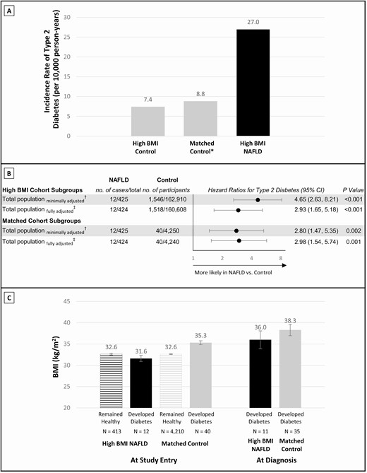 Dissecting adolescent NAFLD from adolescent BMI. (A) Incidence rates of type 2 diabetes in individuals with high BMI: control group, matched control group, and individuals with high BMI and NAFLD. Incidence rates were calculated from the fully adjusted model as persons with type 2 diabetes divided by the total number of person years of follow-up. *The matched control group was matched in a 10:1 ratio for each individual with high BMI and NAFLD, by sex, birth year, and BMI at study entry (n = 4250). (B) Hazard ratios for incident type 2 diabetes in individuals with high BMI and NAFLD compared with the high BMI control group and compared with the matched control group. †A minimally adjusted model and ‡a fully adjusted multivariable model were used as in the main analysis. (C) BMI at study entry is shown for the high BMI and NAFLD group, and for the matched control group, stratified by those diagnosed with type 2 diabetes and those who were not (remained healthy). Post-baseline BMI was measured only for those who developed diabetes. BMI, body mass index; NAFLD, nonalcoholic fatty liver disease.