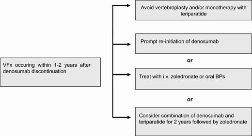 Options for management of vertebral fractures occurring after denosumab discontinuation. BPs, bisphosphonates; VFx, vertebral fractures.