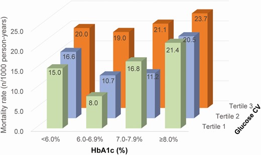 Crude all-cause mortality rates stratified by glucose CV tertiles and HbA1c categories. Abbreviations: CV, coefficient of variation; HbA1c, glycated hemoglobin A1c.