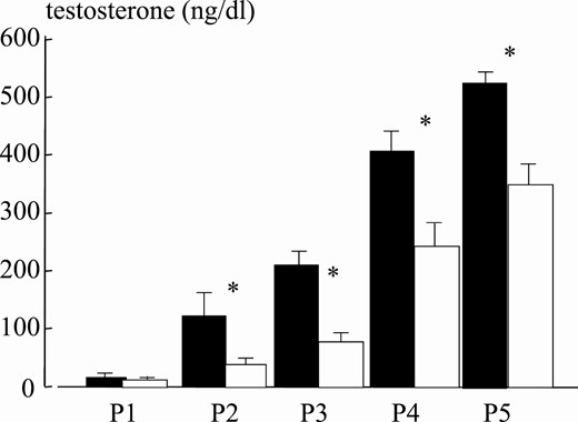 Mean testosterone levels at puberal stages for normal-weight (black bars) and obese (white bars) boys. Asterisk indicates P less than .05.