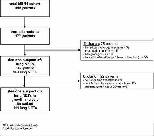 Flowchart of patient selection. Abbreviatons: MEN1, Multiple Endocrine Neoplasia type 1; NET, neuroendocrine tumor.