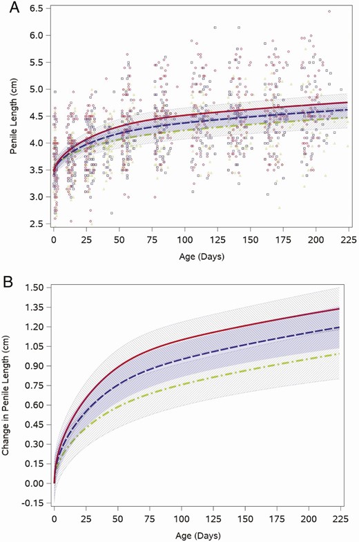 Feeding group–specific fitted stretched penile length trajectories across infant age adjusted for weight for length z-score. Trajectories for soy formula–fed infants are represented by the red solid line, cow milk formula–fed infants are represented by the blue long-dashed line, and breastfed infants are represented by the green dot-dashed line. Shaded bands represent 95% CI for each feeding group–specific trajectory: soy formula fed, diagonal upward to the right; cow milk formula fed, solid gray; breastfed, diagonal downward to the right. (A) Open symbols represent individual penile lengths for infants in the study; red circles for soy formula fed infants, blue squares for cow milk formula–fed infants, and green triangles for breastfed infants. (B) Feeding group–specific trajectories fitted to the data were shifted vertically to a common intercept at 0 to better display postnatal changes (ie, fitted penile length at a given age minus fitted penile length at birth). Thus, the vertical axis represents change in stretched penile length since birth.
