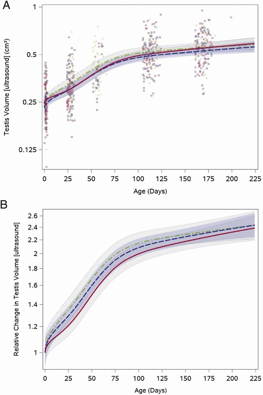 Feeding group–specific fitted ultrasound measured testis volume trajectories across infant age adjusted for weight for length z-score. Trajectories for soy formula–fed infants are represented by the red solid line, cow milk formula–fed infants are represented by the blue long-dashed line, and breastfed infants are represented by the green dot-dashed line. Shaded bands represent 95% CI for each feeding group–specific trajectory: soy formula fed, diagonal upward to the right; cowmilk formula fed, solid gray; breastfed, diagonal downward to the right. (A) Open symbols represent individual ultrasound measured testis volume for infants in the study; red circles for soy formula fed infants, blue squares for cow milk formula–fed infants, and green triangles for breastfed infants. (B) Feeding group–specific trajectories fitted to the data were shifted vertically to a common intercept at 1 to better display postnatal changes (ie, fitted log-transformed testis volume at a given age minus fitted log-transformed testis volume at birth). Thus, the vertical axis represents relative change in testis volume since birth.