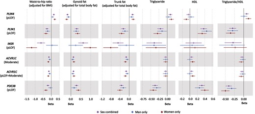 Forest plot of phenotypic associations for significant variant-gene categories. Black represents the sex-combined, blue represents the men-only, and red represents the women-only analysis. Horizontal lines represent 95% CIs. Waist-to-hip ratio adjusted for body mass index (BMI) (n = 184 246), gynoid fat adjusted for total body fat (n = 178 143), trunk fat adjusted for total body fat (n = 178 143), triglyceride levels (n = 175 271), high-density lipoprotein (HDL) cholesterol (n = 161 239), and triglyceride-to-HDL ratio (n = 161 102) were all driven from UK Biobank (See Supplementary Table 12 for details) (14).