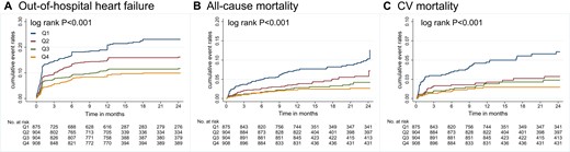 Cumulative incidence of out-of-hospital events by Kaplan–Meier survival curves across FT3/FT4 ratio quartiles in the main sample (n = 3648). (A) Out-of-hospital heart failure. (B) All-cause mortality. (C) Cardiovascular mortality. AMI, acute myocardial infarction; FT3, free triiodothyronine; FT4, free thyroxine.