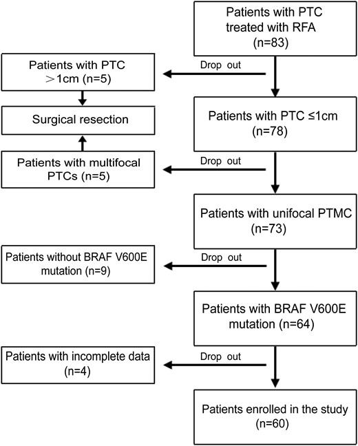The flowchart for inclusion and exclusion of PTMC patients.