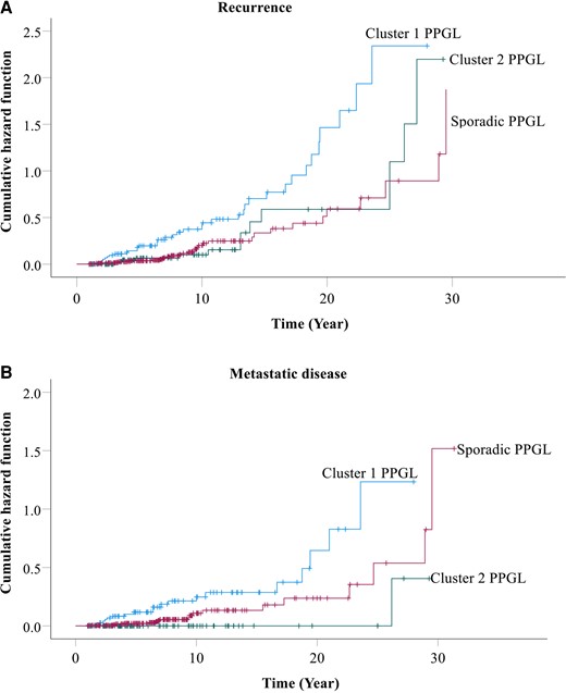 Cumulative hazard of recurrence (A) and only metastatic disease (B) among patients with sporadic vs hereditary PPGL. Patients with cluster 1 PPGL presented with a 2.45-fold higher risk of recurrence compared with those with sporadic tumors, whereas risk of recurrence was similar between patients with cluster 2 and sporadic PPGL (A). Similarly, patients with cluster 1 PPGL presented with a 2.48-fold higher risk of metastasis compared with those with sporadic tumors, whereas risk of recurrence was similar between patients with cluster 2 and sporadic PPGL (B).