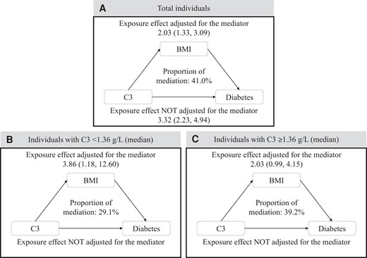 Mediation effects of BMI on the associations of C3 with diabetes. Adjusted for age, sex, serum C4 level, eGFR, smoking status, drinking status, family history of diabetes, hypertension, hyperlipidemia, education level, and physical activity. Note: The mediation analyses were carried out by the SAS macro “mediate”.