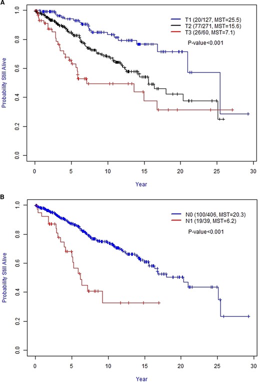 A, Kaplan–Meier curves of the overall survival for T category. B, Kaplan–Meier curves of the overall survival for N category. Abbreviation: MST, median survival time (in years).