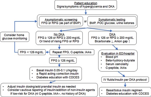Algorithm for screening and management of ICI-DM. Abbreviations: CDCES, Certified Diabetes Care and Education Specialist; FPG, fasting plasma glucose; IAA, islet auto-antibodies; RPG, random plasma glucose. See ref (81) for detailed algorithm.