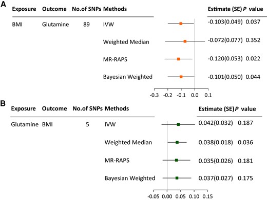 MR associations between BMI and circulating glutamine levels. A, MR associations of BMI with circulating glutamine levels; B, MR associations of circulating glutamine levels with BMI. BMI, body mass index; IVW, inverse-variance weighted; MDD, major depressive disorder; MR-RAPS, mendelian randomization using robust adjusted profile score.