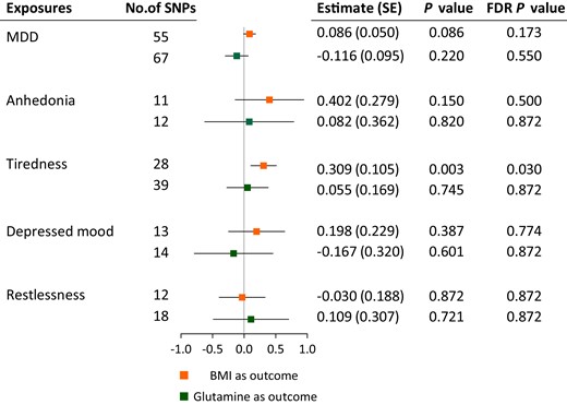 MR associations of depression with BMI and glutamine levels. BMI, body mass index; FDR P value, P values after Benjamini-Hochberg correction; MDD, major depressive disorder. Error bars indicate 95% CIs. P values that passed Benjamini-Hochberg correction are marked in bold.
