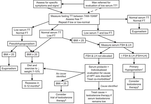 Approach to diagnosis and management of possible hypogonadism in men ≥50 years. 1Recent onset of declining libido and/or erectile function, new onset or tender gynecomastia; osteoporosis (see Table 1). 2Patients are often referred for consultation about low serum total testosterone (TT) that was measured in the absence of high clinical suspicion of hypogonadism. It is generally useful to repeat the measurement in this clinical setting. 3Measure TT when patient is at baseline health. Confirm low TT with a second fasting sample. At a minimum, the confirmatory measurement should be done on a fasting sample drawn between 7 and 10 Am. 4Assess serum free testosterone (FT) on confirmatory sample using an accurate method if the serum TT is 220-264 ng/dL (7.6-9.2 nmol/L) or if abnormalities in serum SHBG are suspected (see Table 2). Although some experts discourage the measurement of free testosterone given the limitations discussed in the manuscript and focus instead on interpretation of SHBG along with total testosterone (7), this approach is congruent with assessing serum free testosterone with an accurate method. 5Investigation for cause of hypothalamic-pituitary-testicular (HPT) disorder includes clinical assessment for Cushing syndrome, review of medications that affect the HPT axis and measurement of serum prolactin. Measurement of serum T4 might be useful if panhypopituitarism is suspected. Sellar imaging is indicated if serum prolactin is elevated. Evaluation of hyperprolactinemia also includes review of medications and measurement of TSH. Sellar imaging also indicated if there are symptoms of a sellar mass, serum LH is undetectable, or serum total testosterone is <150 ng/dL (5.2 nmol/L). 6This includes optimization of management of chronic disease, stopping medications that can suppress the HPT axis if possible (eg, opioids, glucocorticoids), evaluation and treatment of depression and sleep apnea. 7Consider karyotype for assessment for Klinefelter syndrome; offer testosterone treatment if there is no contraindication (including desire to conceive in the next 1-2 years). 8The decision to offer testosterone therapy should take into consideration the likelihood of benefit and the potential risk. The benefits are highest in men with lower testosterone concentrations and men with concordantly low total and free testosterone concentrations. A trial of testosterone therapy may be offered if the following conditions are met: 1) there are no contraindications; 2) there has been a discussion regarding potential benefits and risks of testosterone therapy and the uncertainties regarding long-term health outcomes; 3) patient-specific goals have been set; and 4) there is agreement that testosterone treatment will be stopped if these goals are not achieved. See text in manuscript. 9Reassessment of men with high BMI consists of assessment for symptoms and signs of hypogonadism and re-measurement of testosterone. If there are symptoms of hypogonadism and low serum testosterone after 6-12 months of lifestyle changes, then testosterone therapy may be considered. Medical therapy to achieve weight loss and/or bariatric surgery should be considered for men whose BMI remains >30 kg/m2 after 6 months of lifestyle changes. Abbreviations: BMI, body mass index; FT, free testosterone; HPT, hypothalamic-pituitary-testicular axis; TSH, thyroid stimulating hormone; TT, total testosterone; SHBG, sex hormone binding globulin.