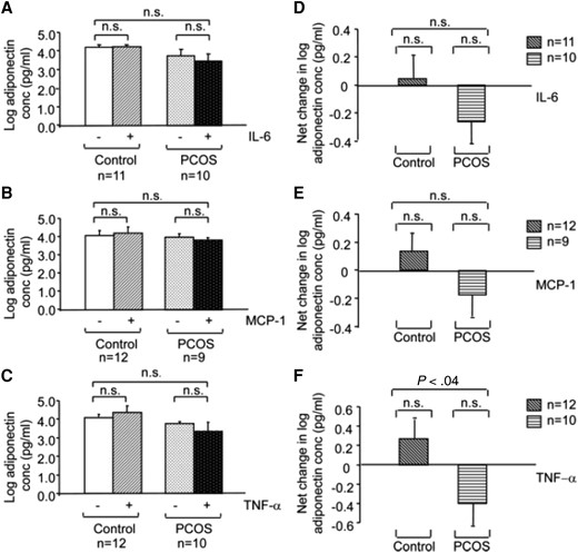 Effect of interleukin-6 (IL-6), monocyte chemoattractant protein 1 (MCP-1), and tumor necrosis factor-α (TNF-α) on adiponectin secretion in adipose tissue of polycystic ovary syndrome (PCOS) and control women. The graphs depict the log scale means of the absolute adiponectin levels in picograms per milliliter (panels A to C) and the net changes in log adiponectin concentration (panels D to F) secreted by PCOS and control adipocytes in response to incubation with 10 ng/mL IL-6 (A and D), MCP-1 (B and E), and TNF-α (C and F). All values were log-transformed before analysis. Sample numbers (n) per group are indicated for each experiment. Reproduced from Chazenbalk G, et al Regulation of adiponectin secretion by adipocytes in the polycystic ovary syndrome: role of tumor necrosis factor-{alpha}. J Clin Endocrinol Metab. 2010 Feb; 95(2):935-42 with permission from Oxford University Press (70).