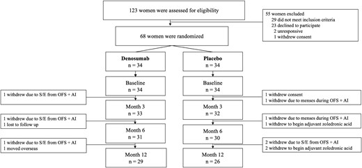 Trial profile. Abbreviations: AI, aromatase inhibition; OFS, ovarian function suppression; S/E, side effects.