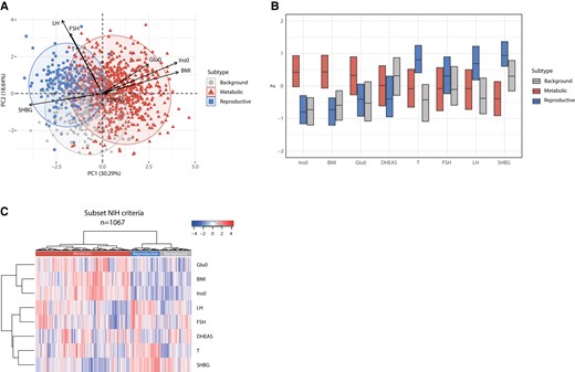 Principal component analysis (PCA) plot, box plot, and heat map of normalized variables of the 3 subtypes—subset NIH criteria. A, PCA based on 8 predefined variables. The metabolic subtype is highlighted in red triangles, the reproductive subtype is indicated with blue squares, and the background subtype is indicated with gray circles. The black arrows indicate the magnitude and direction of that specific variable to define the clusters. B, Box plot indicating the median and interquartile ranges (IQR) for each normalized variable. The corresponding Z scores are shown on the y-axis. The metabolic, reproductive, and background subtypes are shown in red, blue, and gray. C, Heat map colors reflect the variable Z scores. Red indicates high values and blue indicates low values. The 3 clusters are indicated in the color bar on top of the graph. The metabolic subtype appears in red, the reproductive subtype in red, and the background subtype in gray. The row-based dendrogram indicates the relation and relative distances between variable distributions. BMI, body mass index; DHEAS, dehydroepiandrosterone sulfate; FSH, follicle-stimulating hormone; Glu0, glucose; Ins0, insulin; LH, luteinizing hormone; SHBG, sex hormone–binding globulin; T, testosterone.