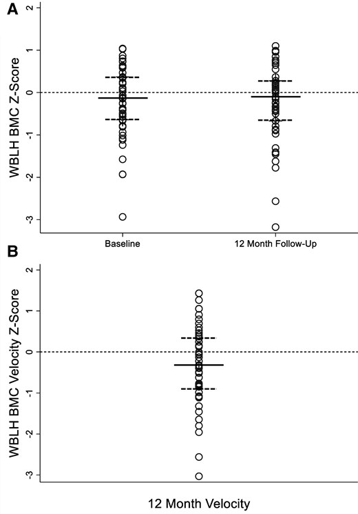 (A) WBLH BMC Z-score at baseline and 12-month follow-up in 50 youths with type 1 diabetes. WBLH BMC Z-score for age and sex adjusted for height Z-score at baseline (−0.2 ± 0.8) and 12-month follow-up (−0.2 ± 0.9) visit did not differ significantly from data for healthy children in the BMDCS from which the Z-scores were derived, P = .08 for both, or from baseline to 12 months, P = .56. Data presented as dot plots to illustrate all data points. Median represented by solid line; 25th and 75th percentile represented by dashed lines. (B) WBLH BMC velocity Z-score of −0.3 ± 1.0 was significantly lower than expected based upon BMDCS data for healthy children, P = .03. WBLH BMC velocity Z-score is sex and pubertal stage specific, adjusted for baseline BMC, age, height, height velocity, lean mass, and lean mass velocity. Data presented as dot plots to illustrate all data points. Median represented by solid line; 25th and 75th percentile represented by dashed lines.
