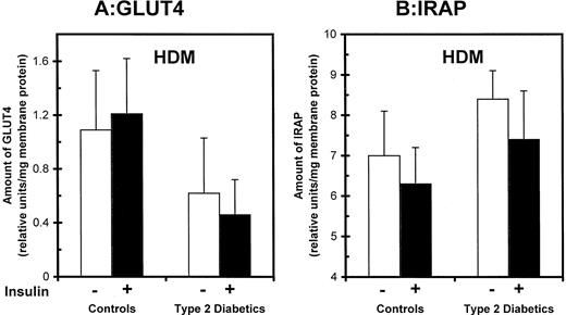 Effects of type 2 diabetes on GLUT4 and IRAP levels in high-density microsome (HDM) subfractions in human adipocytes. HDMs were obtained from isolated adipocytes that were preincubated in the absence and presence of maximal insulin. Relative levels of GLUT4 (A) and IRAP (B) were quantified by immunoblot analyses as described for Fig. 3. The data are the means ± se in eight controls and eight type 2 diabetics.