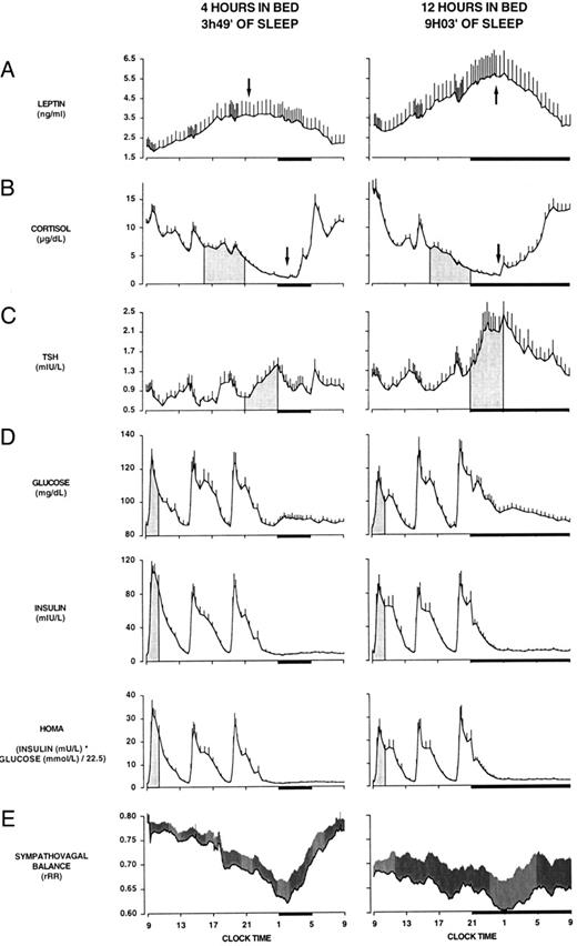 Mean (+sem) 24-h profiles of leptin (A), cortisol (B), TSH (C), glucose, insulin, HOMA (D), and sympathovagal balance [estimated at 5-min intervals using rRR (E)] when time in bed is 4 h (left) or 12 h (right). Black bars, Sleep periods. Blood sampling frequency for hormonal levels was every 10 min for 60 min after meal presentation (at 0900 h, 1400 h, and 1900 h), every 15 min during the first 3 h of sleep, and every 30 min at other times. Arrows, Acrophase for leptin and the nadir for cortisol. The shaded areas on the cortisol profiles correspond to the period when elevated cortisol levels during sleep restriction were inversely related to the duration of the morning to evening leptin rise. The shaded areas on the TSH profiles illustrate the nocturnal rise of TSH levels. The shaded areas on the glucose, insulin, and HOMA profiles represent the responses to ingestion of a high-carbohydrate breakfast. The conversion factors from conventional and/or metric units to Systeme International (SI) units are as follows: cortisol, μmol/liter, multiply by 0.028; glucose, mmol/liter, multiply by 0.0556; insulin, pmol/liter, multiply by 7.175.