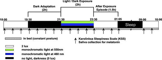 Overview of the protocol design. After 1.5 h under 2 lux, subjects were dark adapted for 2 h, followed by another 2 h in darkness or light exposure at 460 nm or 550 nm (for details about the light exposures, see Subjects and Methods). Subsequently, subjects spent 1.5 h under 2 lux before they were allowed to sleep for 8 h. The entire protocol was carried out under constant recumbent posture conditions in bed. Saliva samples were collected, and sleepiness ratings were taken, both in half-hourly intervals.