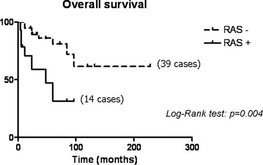 Overall survival analysis of 53 poorly differentiated carcinomas according to RAS mutation status.
