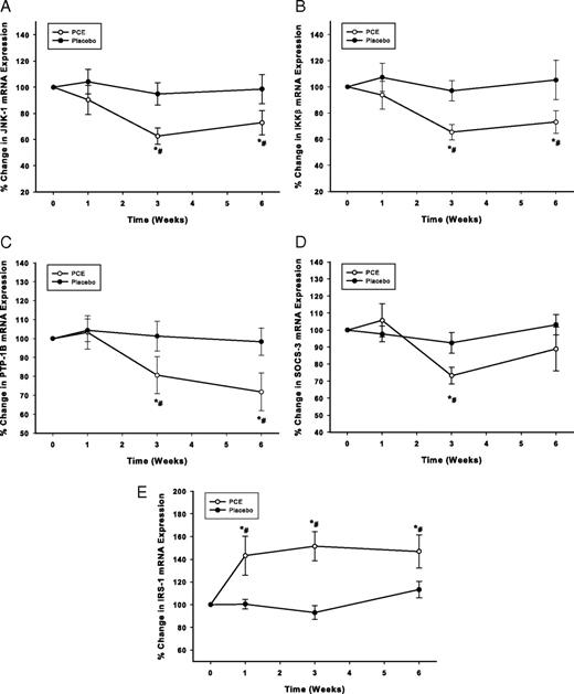 Change from baseline (%) in mRNA expression of JNK-1 (A), IKKβ (B), PTP-1B (C), SOCS-3 (D), and IRS-1 (E) in MNC following PCE (200 mg/d) containing resveratrol (40 mg/d) or placebo treatment for 6 wk in 10 normal healthy subjects per group. *, P < 0.05 comparing changes from baseline by RMANOVA; #, P < 0.05 comparing treatments between the groups by two-way RMANOVA.