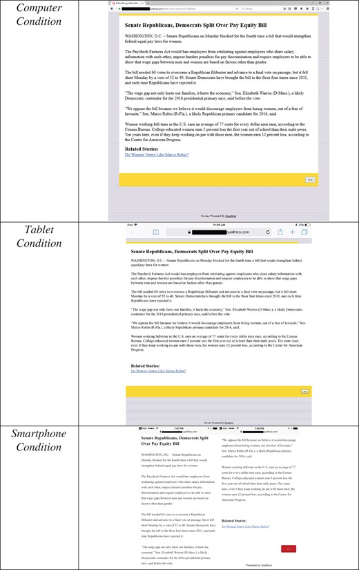 Screen shots by condition, Study 1.