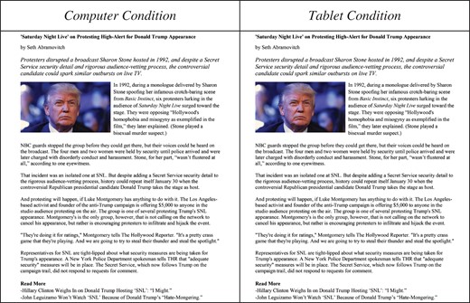 Screen shots by condition, Study 2.