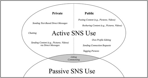 Overview of a selection of different SNS actions and their assignment to the proposed public and private active SNS use categories (Valkenburg et al., 2022b). The dashed area illustrates ambiguity in the assignment of certain actions to the active/passive dichotomy.