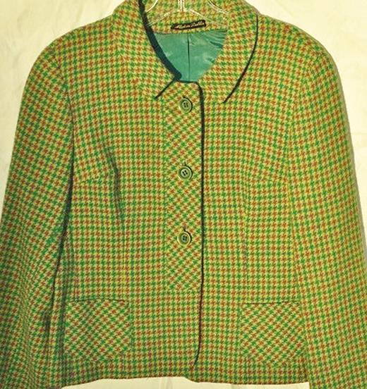 Early 1960s Jimmy Hourihan handwoven Irish tweed jacket. Magenta, emerald and acid green Jimmy Hourihan handwoven Irish tweed jacket (circa early 1960s; part of a two-piece suit). Collection of the author.