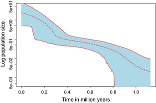 Extended Bayesian Skyline Plot of the Drosophila americana effective population size logarithmically scaled (Y axis) over time indicated in million years before present (X axis). The dashed line is the median population size, and the shaded area corresponds to the 95% HPD (credible intervals).