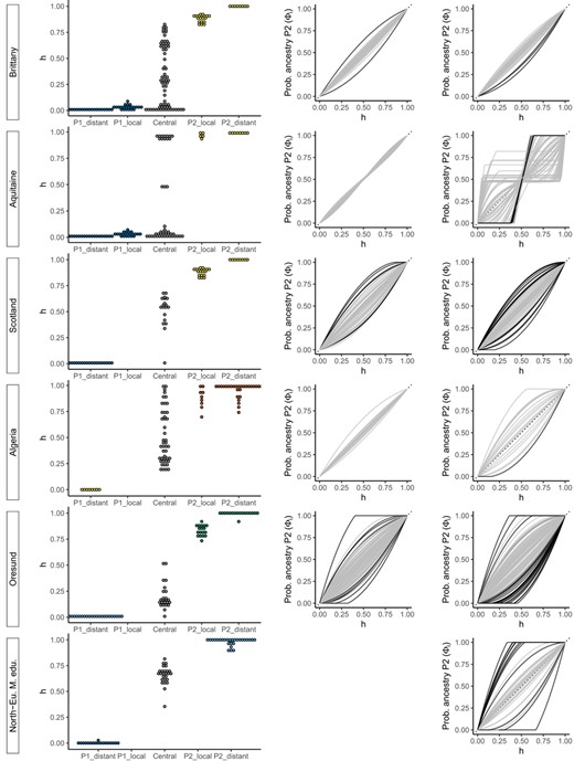 Left panels: Hybrid index (h) distributions from introgress, for each group of the hybrid zone. Middle panels: Genomic clines computed with the local parental groups (P1_local, P2_local or distant when not available) with clines presenting a significant excess in either α or β parameters highlighted in black. Right panels: Genomic clines computed with distant populations as parental groups. For genomic clines, only markers with an allele frequency difference > 0.3 between P1_distant and P2_distant are drawn. The probability of the locus‐specifc ancestry for P2 against the genome‐wide hybrid index (h) is plotted. When distant parental populations are used in place of local ones, the number of discordant loci increases. See Table 3 for a list of the populations used in the analyses