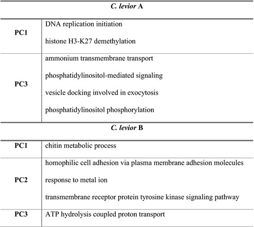 GO terms that were significantly enriched in the environmental association analysis in C. levior A and C. levior B