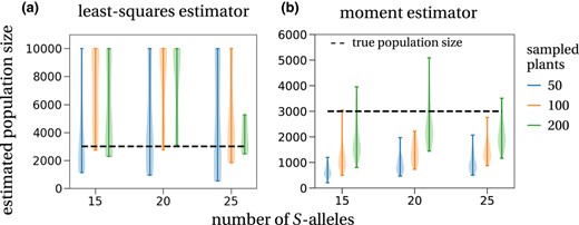 Estimated population sizes from simulated data. (a) Estimated population sizes with the (weighted) least‐squares method (details in section G of Appendix S1, equation (G.8)), which accounts for the sampling process, are widespread and mostly overestimating the true population size of 3000 plants (dashed line). This is true for all investigated numbers of S‐alleles in the population (x‐axis: 15, 20, 25) and all sample sizes (differently coloured violinplots). The maximal allowed estimate is a population size of 10 000 plants. (b) The second estimator, which is a moment estimator of the stationary allele frequency distribution (Equation 11), shows a tendency to underestimate the true population size (3000 plants, dashed line; note the change of y‐axis scope). This effect is most pronounced for small sample sizes (50 sampled plants, blue violinplots) and becomes less prominent for intermediate (100 sampled plants, orange violinplots) and large sample sizes (200 sampled plants, green violinplots). The violinplots are population size estimates for (a) 10 and (b) 50 different random samples taken from the same data set, implemented by a hypergeometric distribution (sampling without replacement). The simulated population of size 3000 with 15, 20 or 25 different S‐alleles was started close to its steady state.
