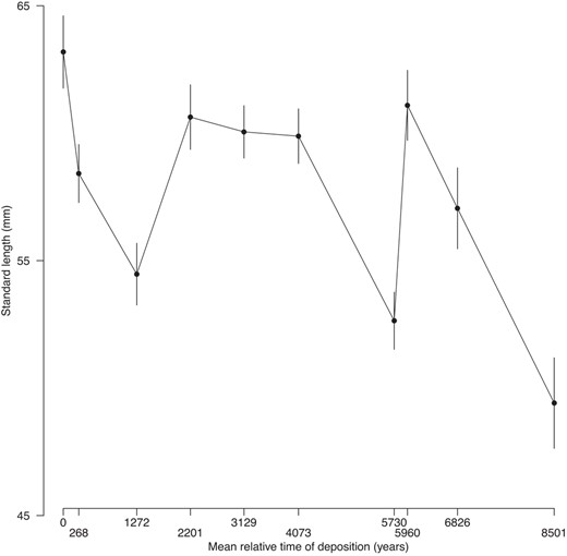 Means of standard length against sample mean relative time of deposition. Error bars are standard errors