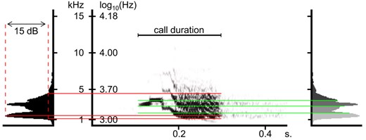 Spectrogram of a Kawall's amazon (Amazona kawalli) call, illustrating some of the acoustic measurements. Red lines towards the power spectrum on the left illustrate peak frequency (that with highest cumulative sound amplitude across the call), and maximum and minimum frequencies (those at which amplitude falls 15 dB below that of the peak frequency). Green lines towards the power spectrum on the right illustrate frequency quartiles: i.e. the three frequencies that separate the four sound energy quartiles. Spectrogram settings as described in the methods, except that here the spectrogram was trimmed at 15 kHz for ease of viewing