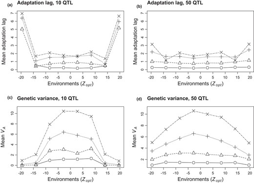 Mean adaptation lag (a‐b) and genetic variance (c‐d) per environment, depending on the genetic architecture (a‐c: 10 QTL; b‐d: 50 QTL) and selection intensity (circle: strong ω²=1; triangle: moderate ω² = 5; + sign: weak ω² = 20; x sign: very weak ω² = 50). Results are shown in the micro‐heterogeneous non‐overlapping pattern with the widest range of Zopt values (range 1). Note that, with this environmental pattern, the case with 10 QTL and very strong selection did not allow the colonization of all patches in the extreme environments (mean values not represented in these extreme situations). Values were averaged over 10 replicated simulations