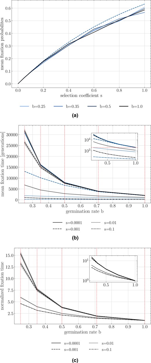 (a) Simulated estimates of the probability of fixation of an advantageous allele with different coefficients of selection s under absence of seed bank b=1 (black solid line) and various seed bank strength b=0.5,0.35,0.25 (blue lines) along with the theoretical expectations for a neutral allele (dashed). (b) Time to fixation for different selection coefficients. Y‐axis is the time in generations, and X‐axis is the germination rate b. (c) Normalized time to fixation with respect to the number of generations for b=1 for each selection coefficient version of (b). In (b) and (c) black lines represent time to fixation under seed bank. The blue lines indicate the time to fixation in a population without dormancy but with an effective population size scaled by 1b2 and the respective scaled effective selection coefficient Nebs. For example, for s=0.001, we quantify the fixation time of alleles under Neb=1.0s=1, Neb=0.71s=1.98, Neb=0.5s=4, Neb=0.35s=8.2, and Neb=0.25s=16 (indicated by the red vertical dashed lines). Population size is 500 diploids, h=0.5, 1000 replicates are used for each parameter combination, and shaded areas represent the 95% confidence interval.