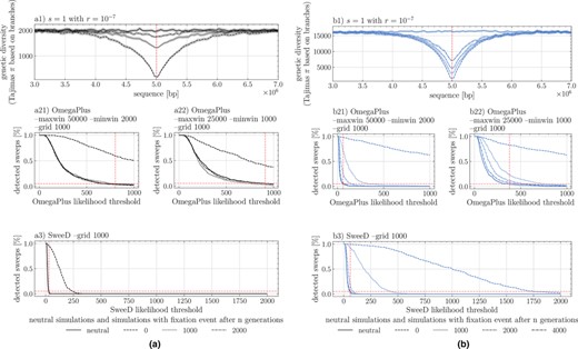 Selective sweep detection depending on the threshold of OmegaPlus or SweeD statistics on a 10 MB sequence with a strong selective mutation of Neb=1s=1000 located in the middle of the sequence. Two germination rates apply: (a1) b=1 and (b1) b=0.35, with the signature of sweep being shown at various time points after the fixation event (0, 1000, 2000 and 4000 generations). Results for two window sizes “–minwin 2000 –maxwin 50000” (a21, b21) and “–minwin 1000 –maxwin 25000” (a22, b22) for analysis with OmegaPlus and SweeD (a3 and b3) using a grid size of 1000. The percentage of detected sweeps is indicated for a given user‐defined threshold value on the X‐axis. Vertical dashed lines indicate the 5% sweep detection based on neutral simulations, setting up the false positive rate. Recombination rate is r=1×10−7 per bp per generation for all sweep simulations, and 400 replicates for each parameter.