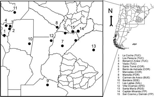 Localities and provinces of the S. frugiperda sampling sites in Argentina (TUC, Tucumán; SAL, Salta; SDE, Santiago del Estero; SFE, Santa Fé; FOR, Formosa; BUE, Buenos Aires; COR, Corrientes), Brazil (RGS, Rio Grande do Sul), and Paraguay (ITP, Itapúa). The numbers refer to the population numbers shown in Table 1 and 2.