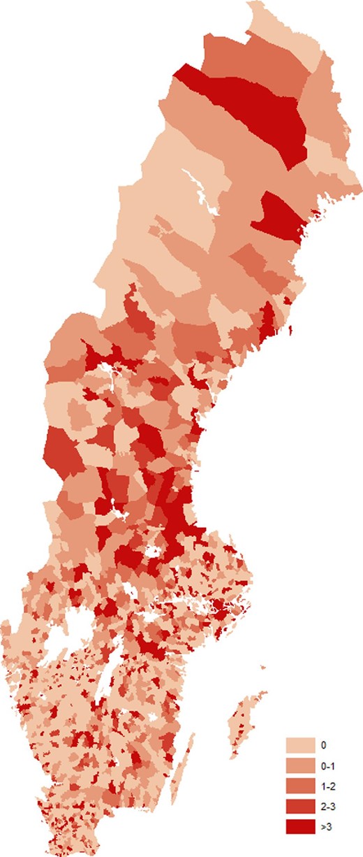 This figure displays the spatial distribution of the number of patents 1867–1914 per 1,000 inhabitants in 1865.