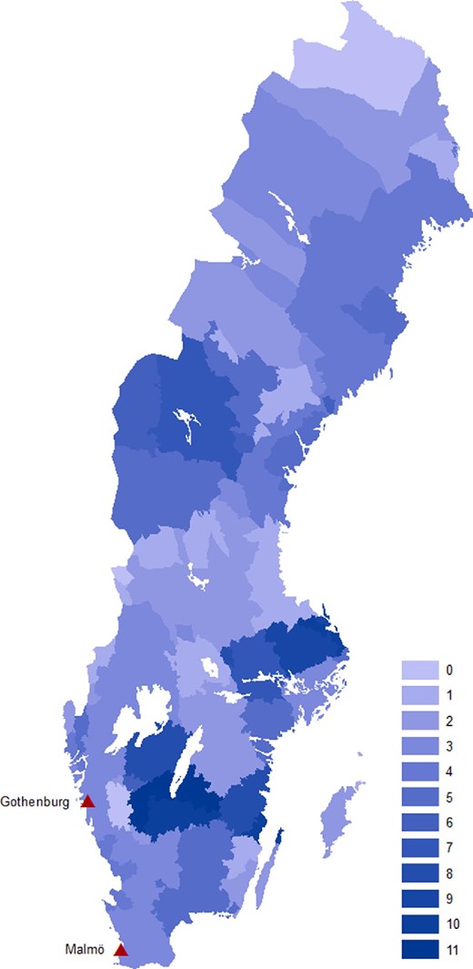 This figure displays the spatial distribution of the number of growing season frost shocks in 1864–1867. The triangles mark the two main emigration ports, Gothenburg and Malmö.
