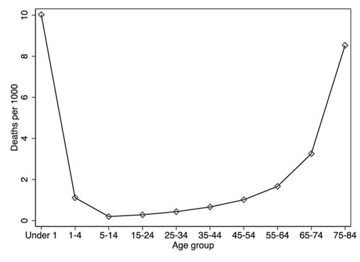 Pneumonia incidence by age, United States, 1935. This figure shows the average pneumonia mortality rate by age group in 1935 in the United States. Figure is drawn by authors using data sourced from Britten (1942).