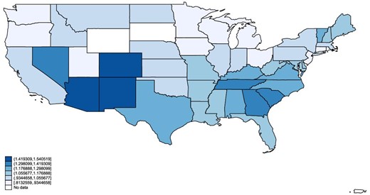 Values of residualized pneumonia mortality across the United States. This figure shows values of pneumonia mortality across the United States that have been residualized in a state-level regression by all the control variables included in the main regressions.