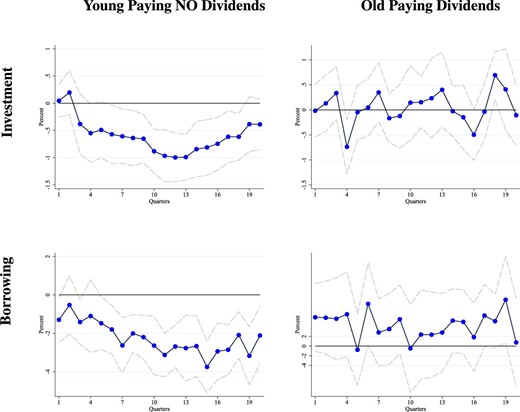 Response of investment and borrowing for Hadlock and Pierce (2010) constrained firms. This figure shows the impulse response functions for the investment ratio and total real debt growth (annualized) following a 25 bp increase in the one year interest rate for firms with an above median value of the Hadlock and Pierce (2010) index. The interest rate is interacted with binary indicators based on age, dividend status and the financial constraints index of Hadlock and Pierce (2010). Younger means less than 15 years since incorporation. The IRFs are estimated using the LP-IV approach described in the text. Dotted lines are 90% standard error bands. Standard errors are computed using the Driscoll–Kraay method, clustering by firm and time, which is robust to very general forms of cross-sectional and temporal dependence.