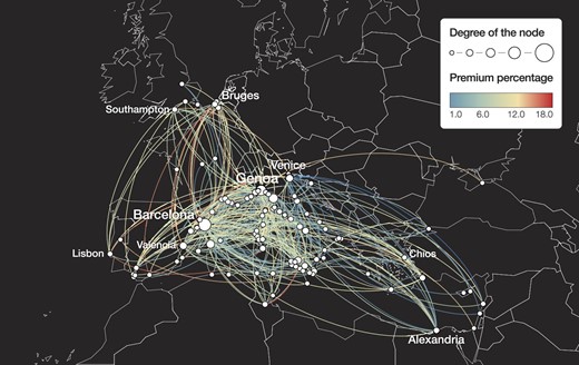 Insurance premia. The network presents the mean premium of each route in the dataset. The size of the nodes increases with their degree. Using the median value instead the mean produces a similar result.