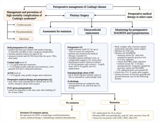 Suggested algorithm for perioperative management of Cushing disease. AI, adrenal insufficiency; DI, diabetes insipidus; DST, dexamethasone suppression test; GC, glucocorticoids, HPA, hypothalamic-pituitary-adrenal; I&O, intake and output; IPSS, inferior petrosal sinus sampling; LNSC, late-night salivary cortisol; Na+, sodium; SIADH, syndrome of inappropriate antidiuretic hormone; UFC, urinary free cortisol. *See Tables 1 and 2. Adjust antihypertensive and antihyperglycemic regimen proactively if remission is achieved postoperatively. Urine osmolality/specific gravity may be checked daily and/or as needed paired with serum sodium every 6 to 12 hours depending on local protocols.