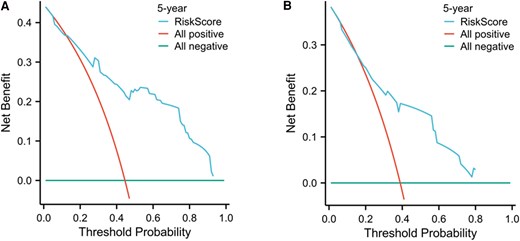 Clinical decision of a progression risk nomogram model for distant metastasis differentiated thyroid cancer patients. A, Training set; B, validation set.