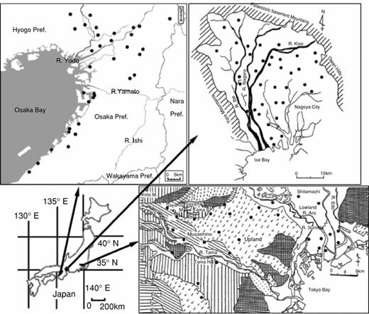 Location of the study areas (top left: Tokyo, top right: Nagoya, bottom right: Osaka).